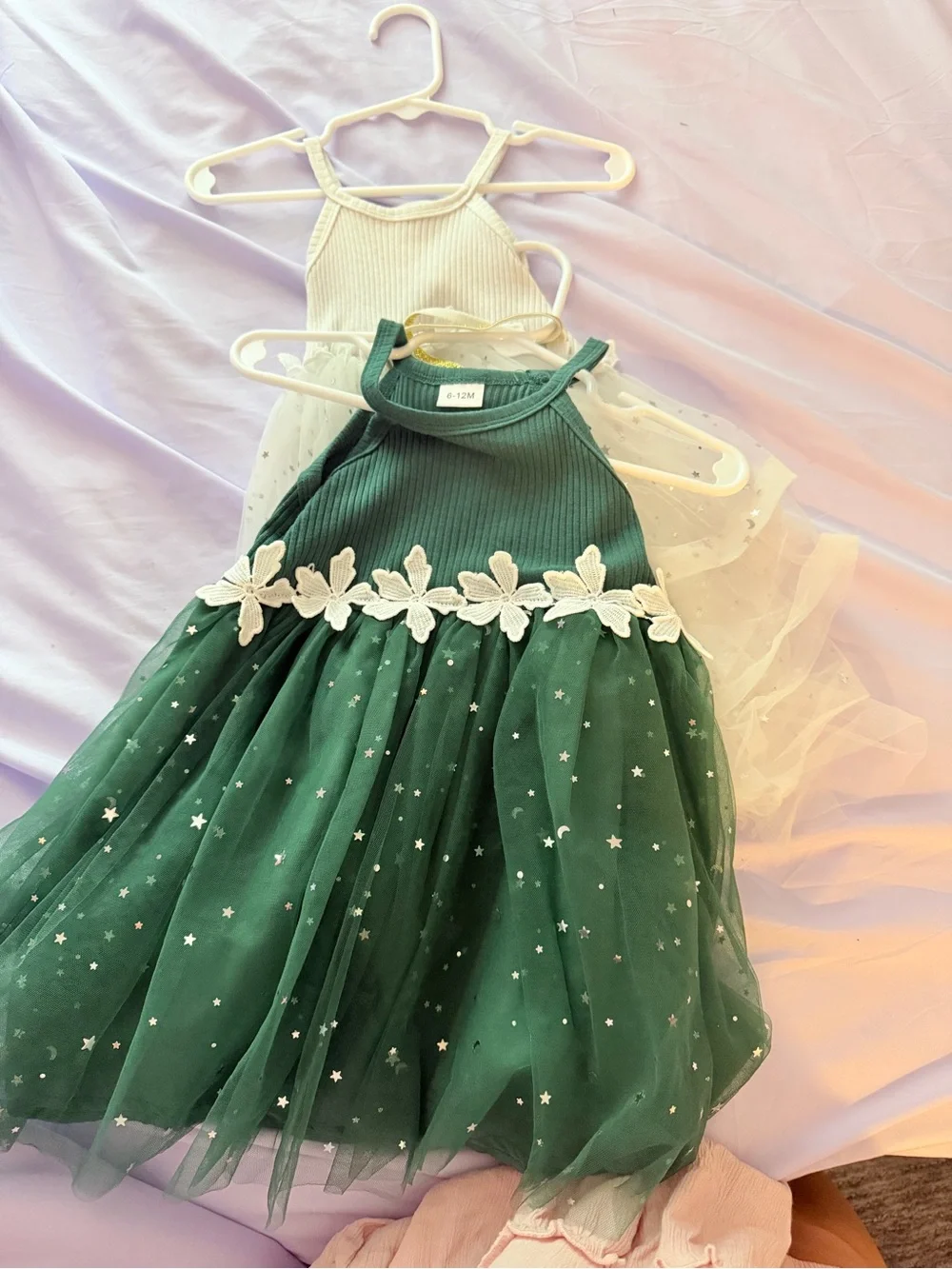 Kids Floral Star Tulle Dress - Green and White